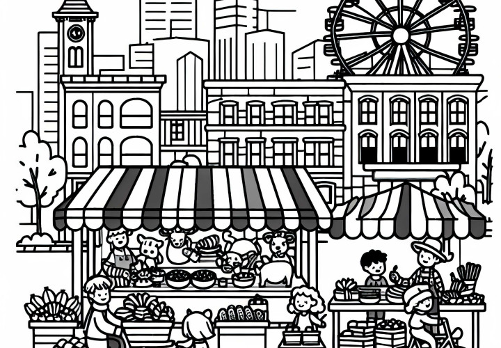 Montreal Markt mit bunten Ständen Ausmalbild kostenlos Montreal Markt mit bunten Ständen Ausmalbild kostenlos