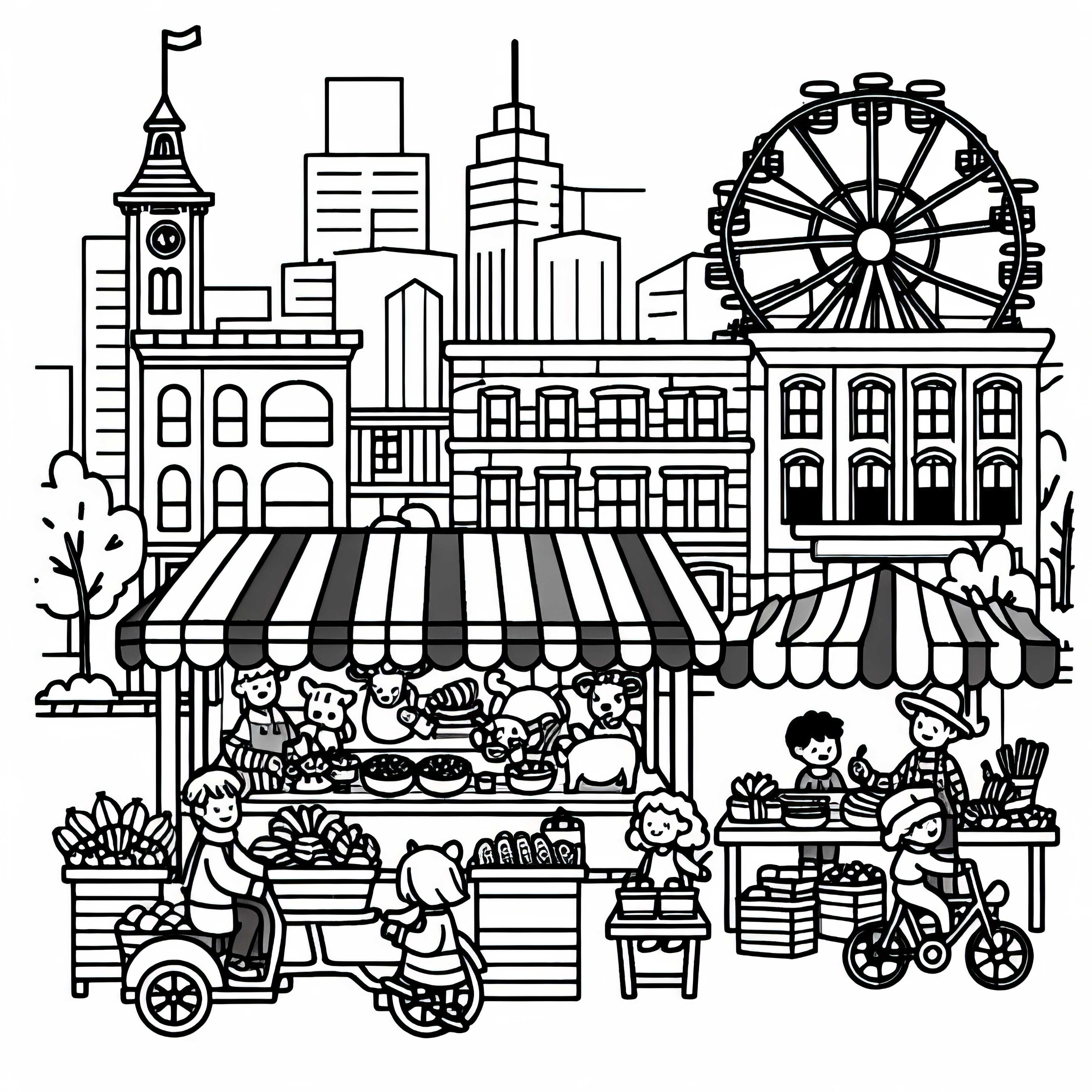 Montreal Markt mit bunten Ständen Ausmalbild kostenlos