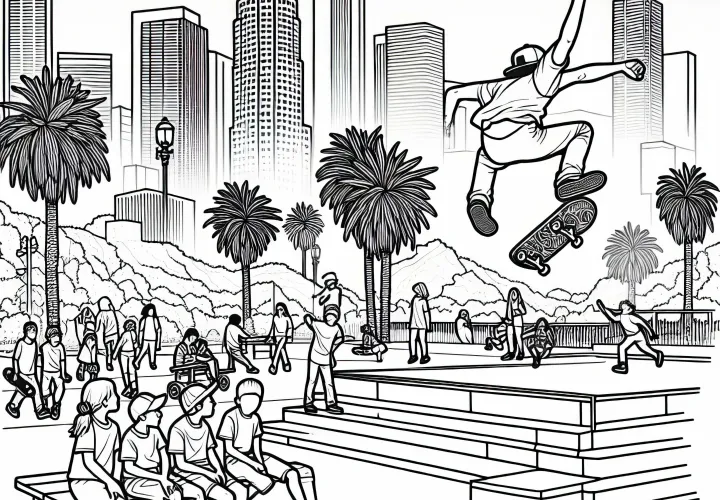 Skateboarder Los Angeles melompat di Taman - Halaman mewarnai gratis