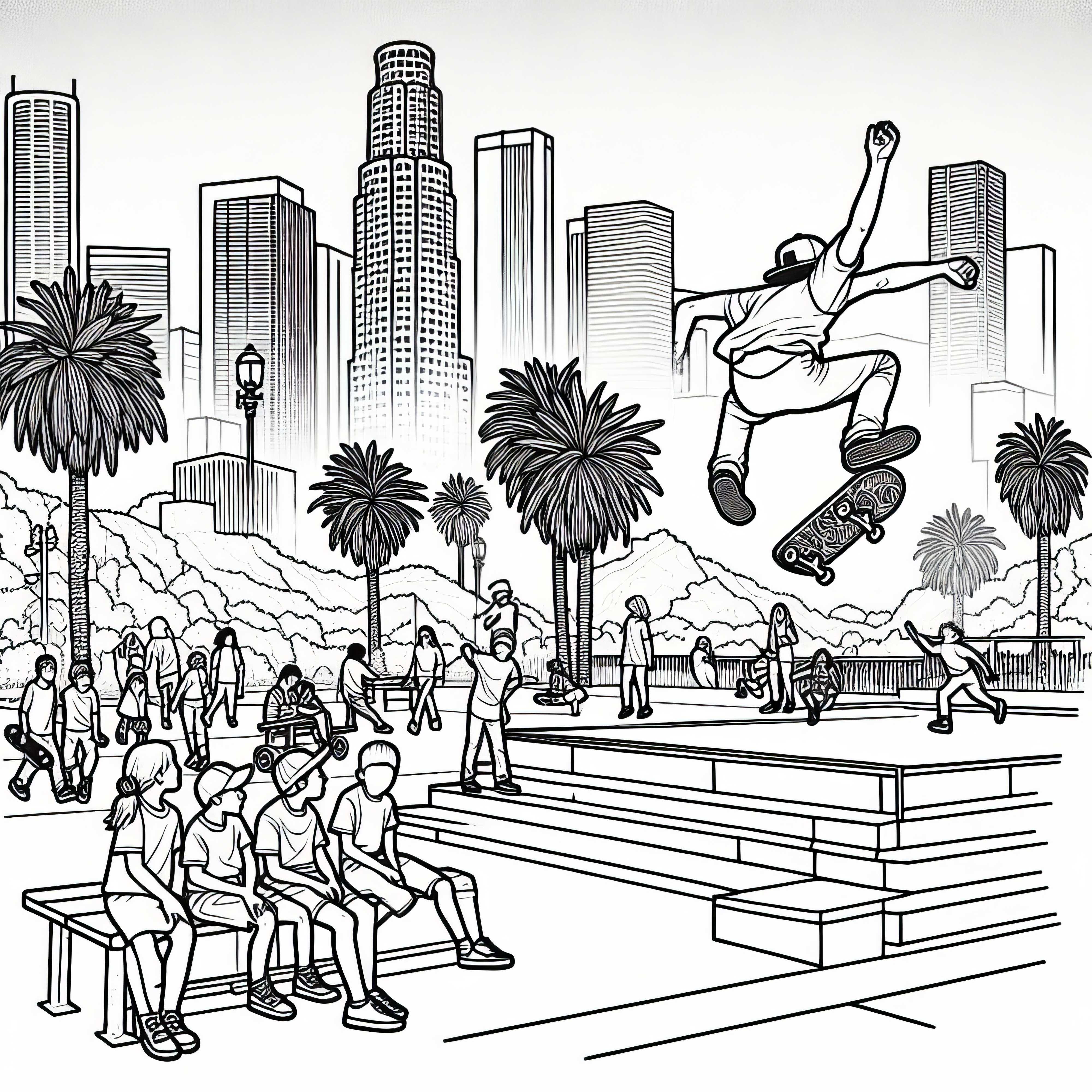 Los Angeles Skateboarder springt in Park – Malvorlage kostenlos