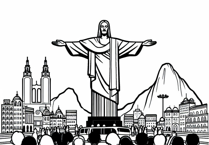 Kinder stehen auf dem Platz vor der Christusstatue in Rio de Janeiro – Ausmalbild kostenlos Kinder stehen auf dem Platz vor der Christusstatue in Rio de Janeiro – Ausmalbild kostenlos