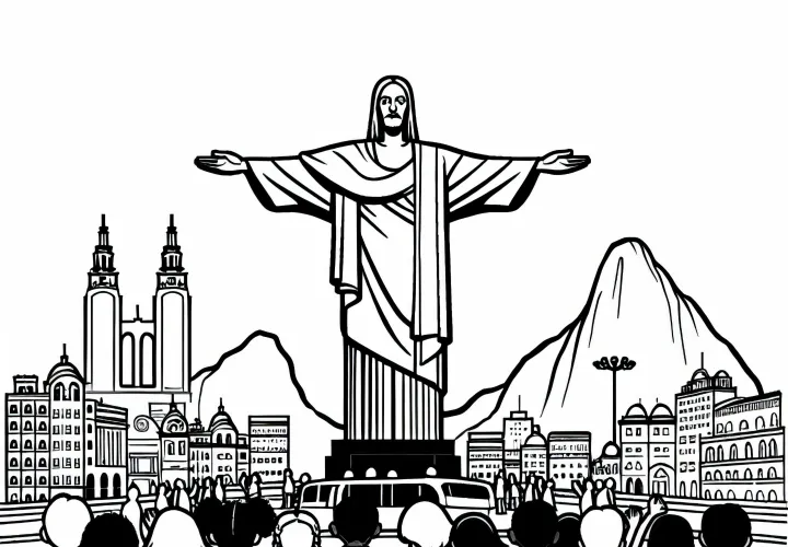 Anak-anak berdiri di tempat di depan patung Kristus di Rio de Janeiro - Gambar untuk diwarnai gratis