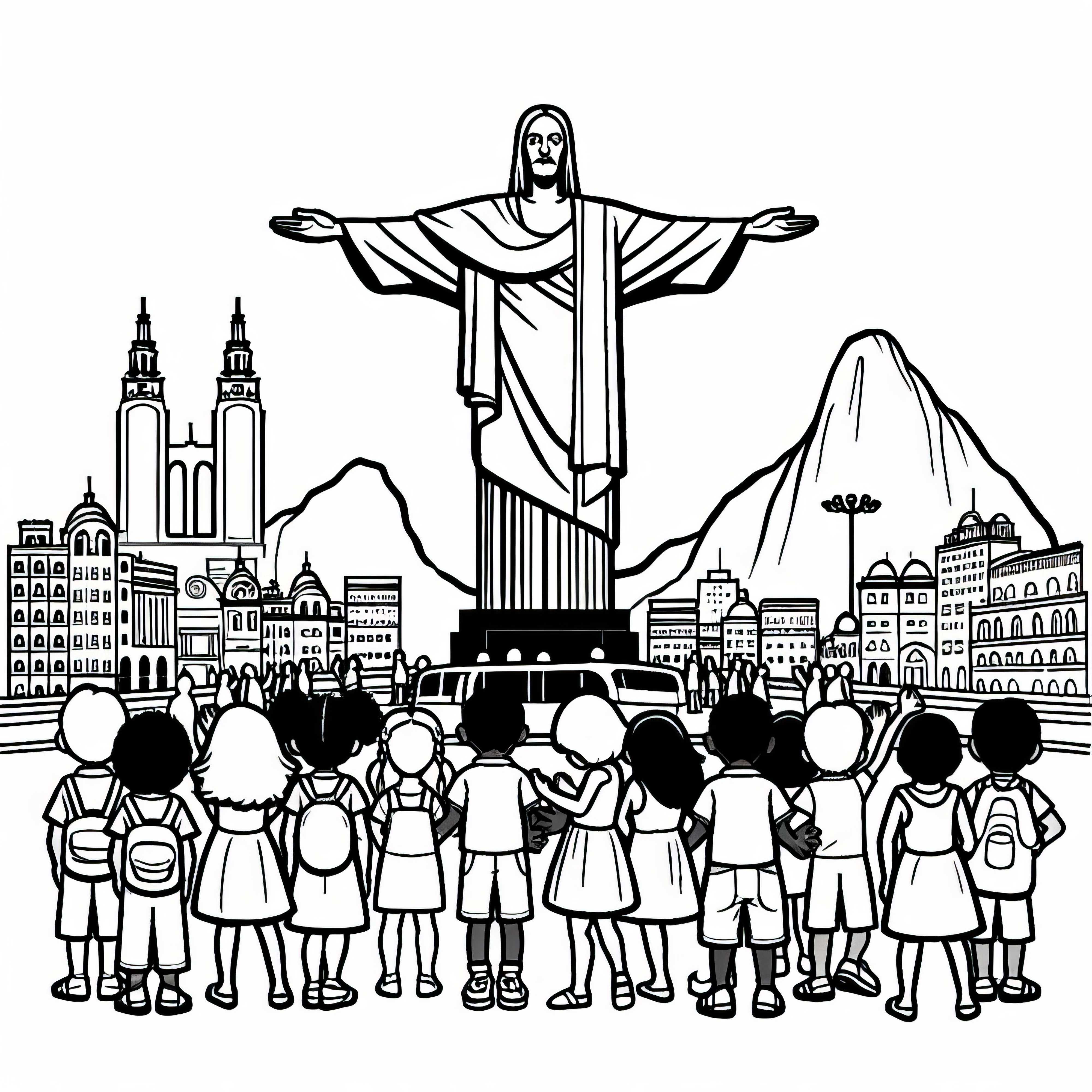 Kinder stehen auf dem Platz vor der Christusstatue in Rio de Janeiro – Ausmalbild kostenlos