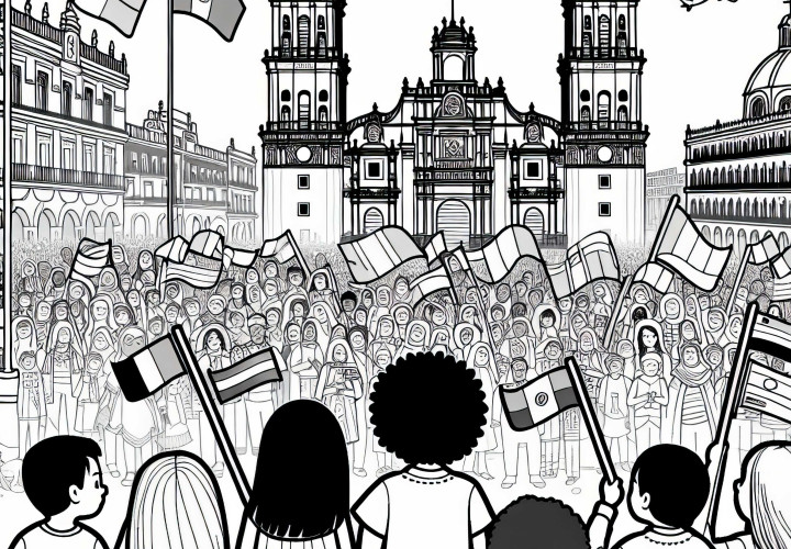 Kinder sehen buntem Treiben auf dem Zocalo in Mexiko-Stadt – Ausmalbild gratis Kinder sehen buntem Treiben auf dem Zocalo in Mexiko-Stadt – Ausmalbild gratis