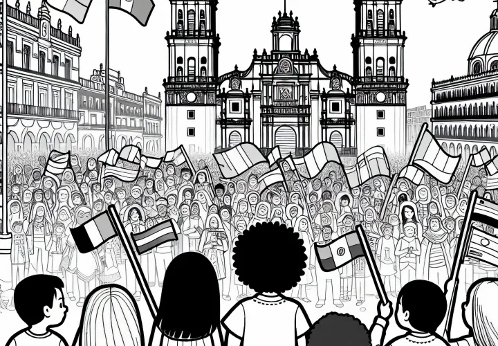 Anak-anak melihat keramaian berwarna-warni di Zocalo di Mexico City – Gambar untuk diwarnai gratis