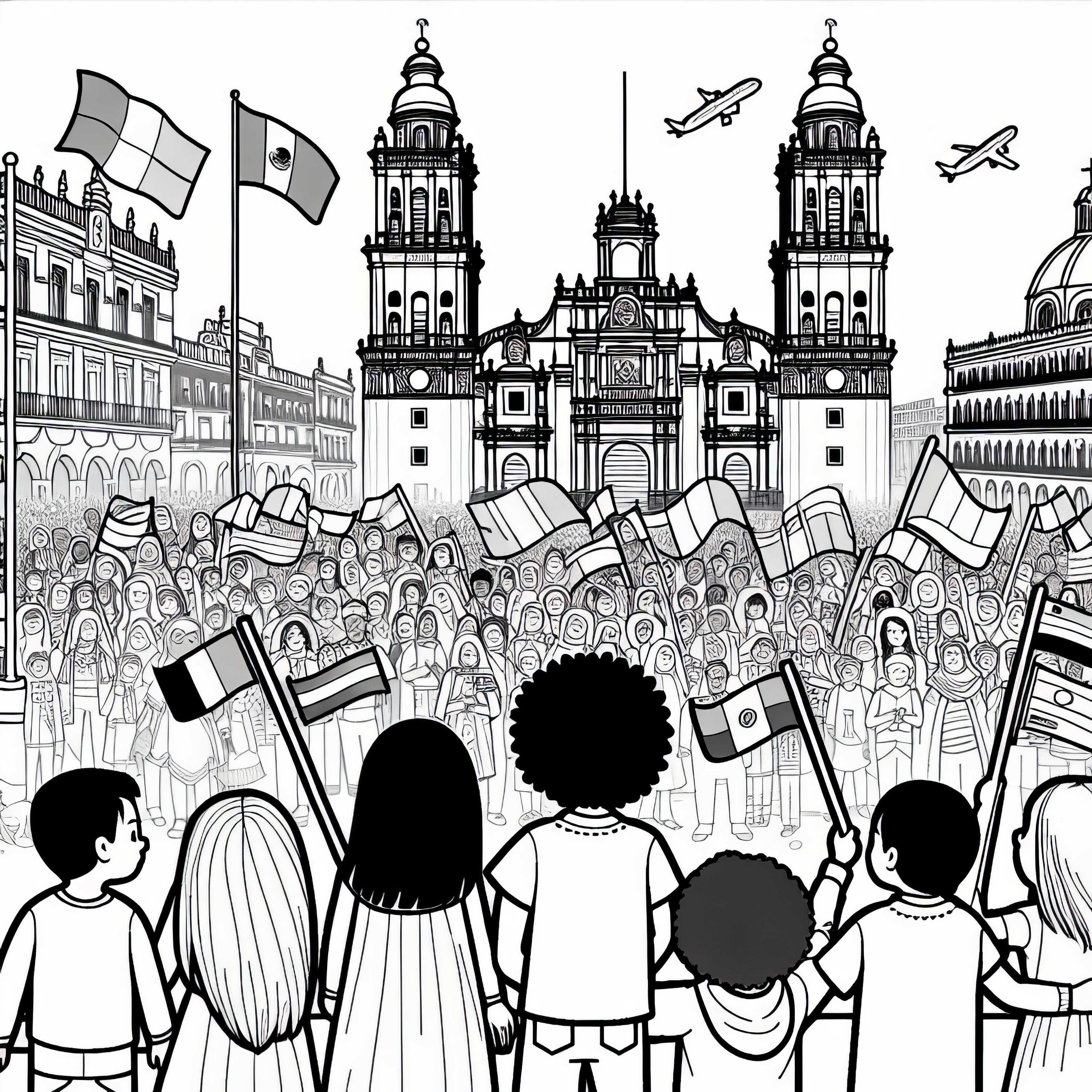 Kinder sehen buntem Treiben auf dem Zocalo in Mexiko-Stadt – Ausmalbild gratis