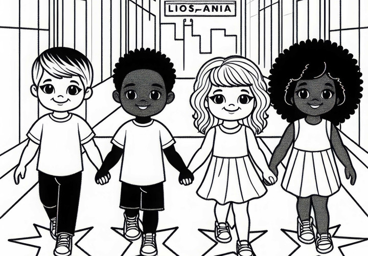 Los Angeles: Kinder laufen entlang des Walk of Fame – Malvorlage kostenlos Los Angeles: Kinder laufen entlang des Walk of Fame – Malvorlage kostenlos