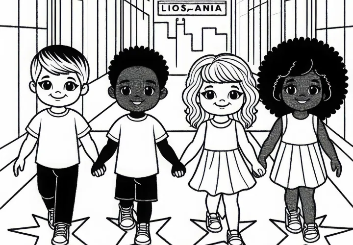 Los Angeles: Anak-anak berjalan di sepanjang Walk of Fame – Template mewarnai gratis