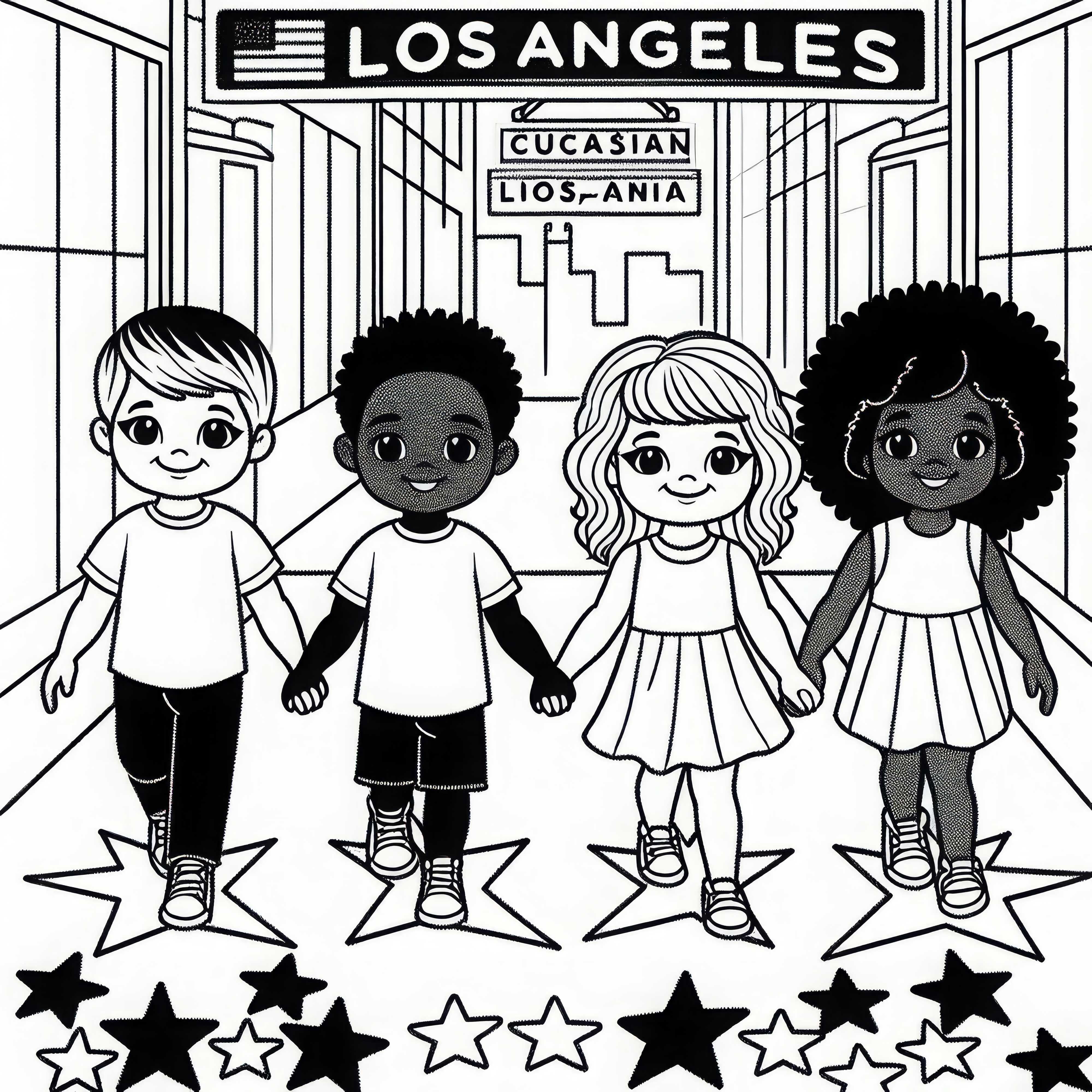 Los Angeles: Kinder laufen entlang des Walk of Fame – Malvorlage kostenlos