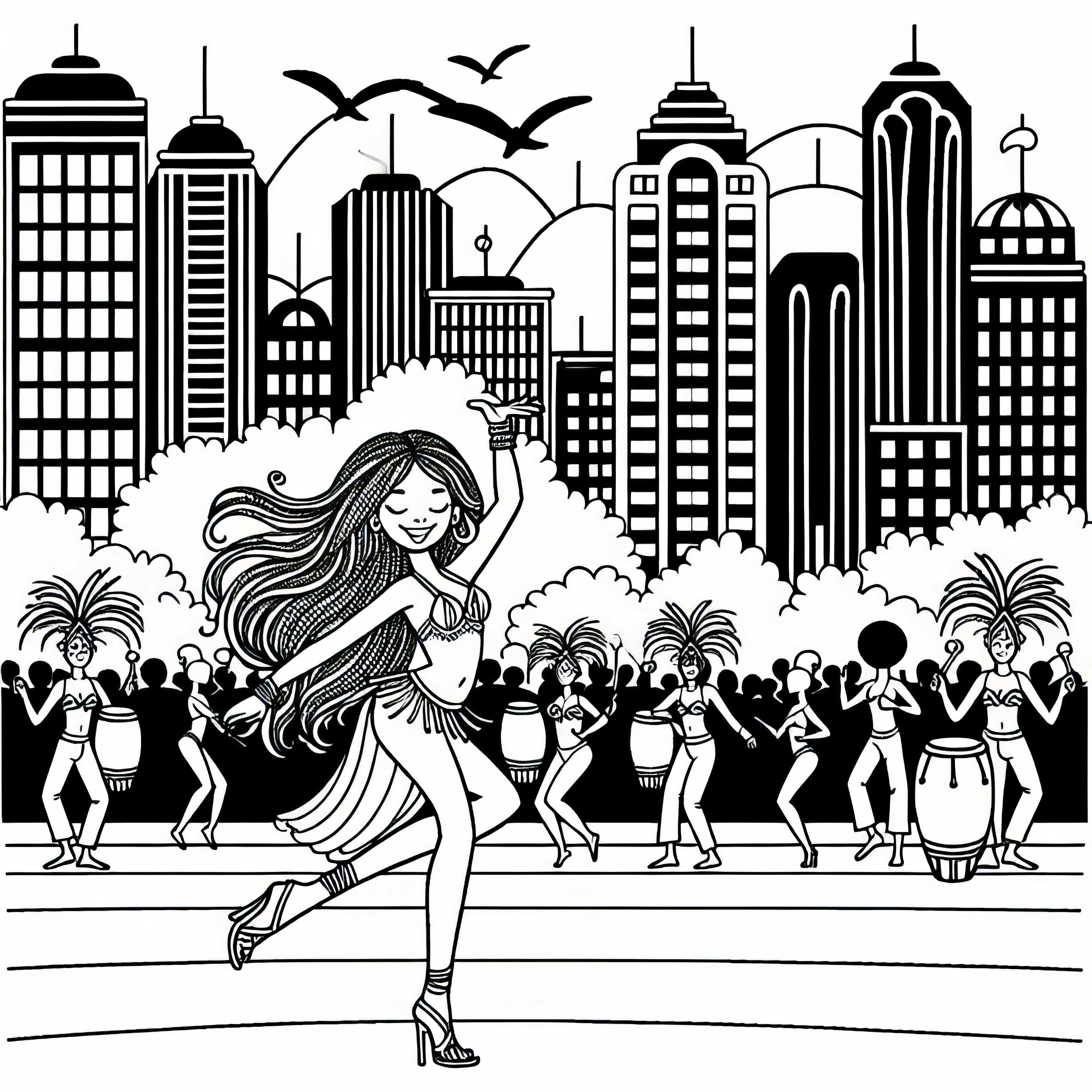 Rio de Janeiro: Mädchen tanzt Samba – Ausmalbild kostenlos zum Download