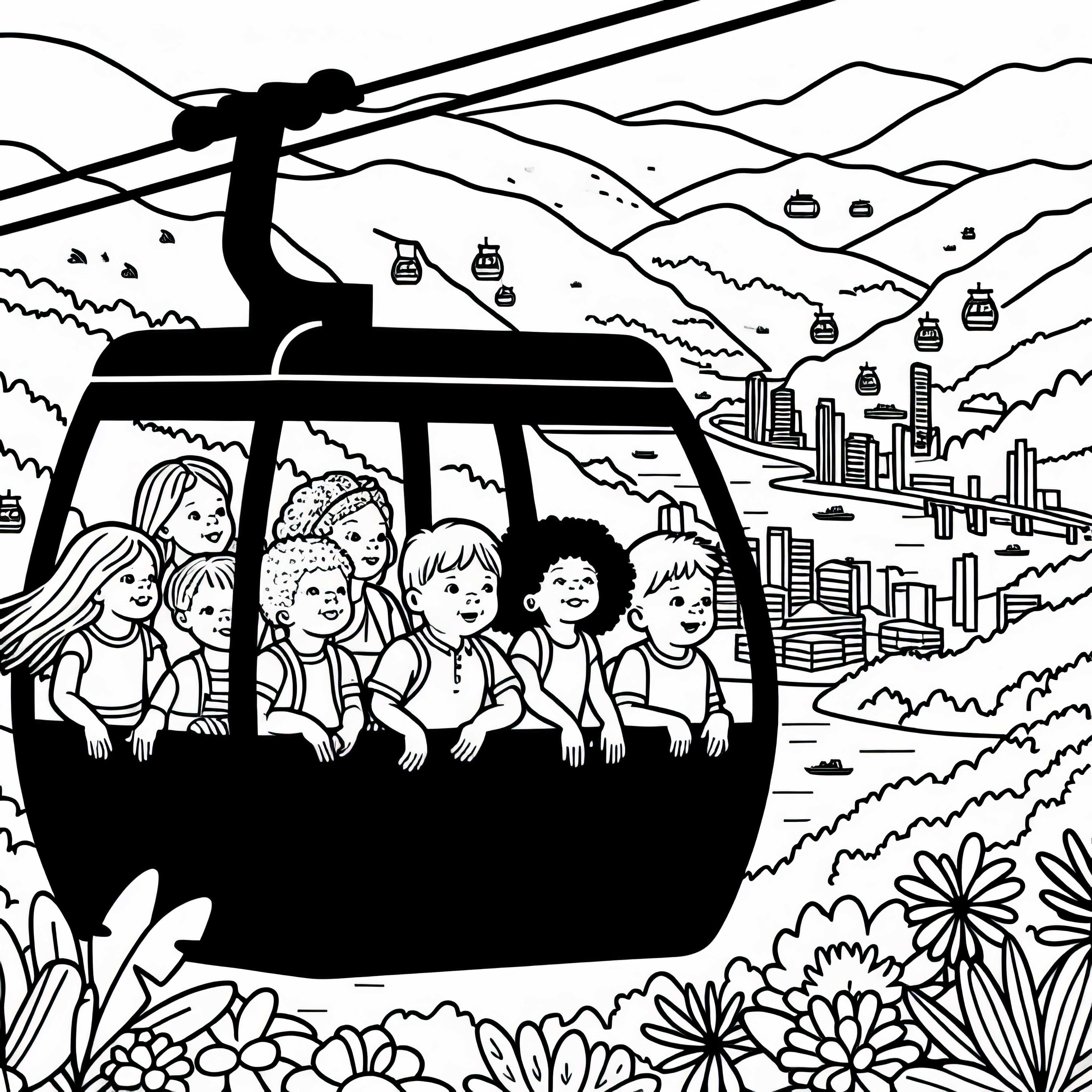 Bogota Kinder fahren mit Seilbahn auf Berg Monserrate Malvorlage kostenlos