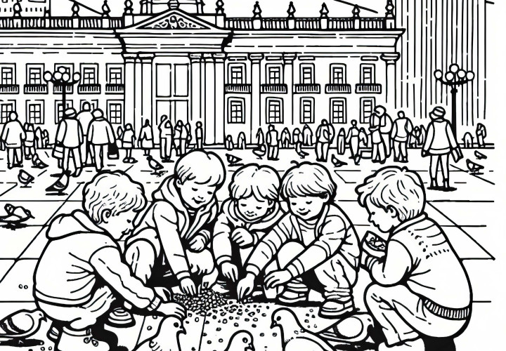 Kostenlose Malvorlage: Kinder füttern Tauben auf dem Plaza Bolívar in Bogotá Kostenlose Malvorlage: Kinder füttern Tauben auf dem Plaza Bolívar in Bogotá