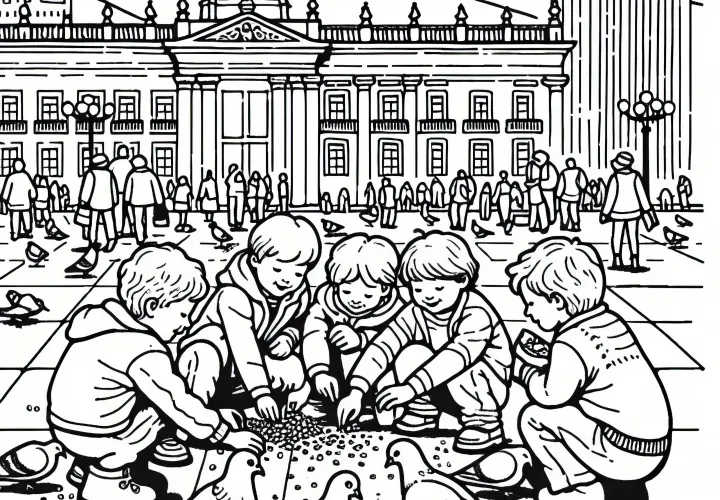 Template menggambar gratis: Anak-anak memberi makan burung merpati di Plaza Bolívar di Bogotá