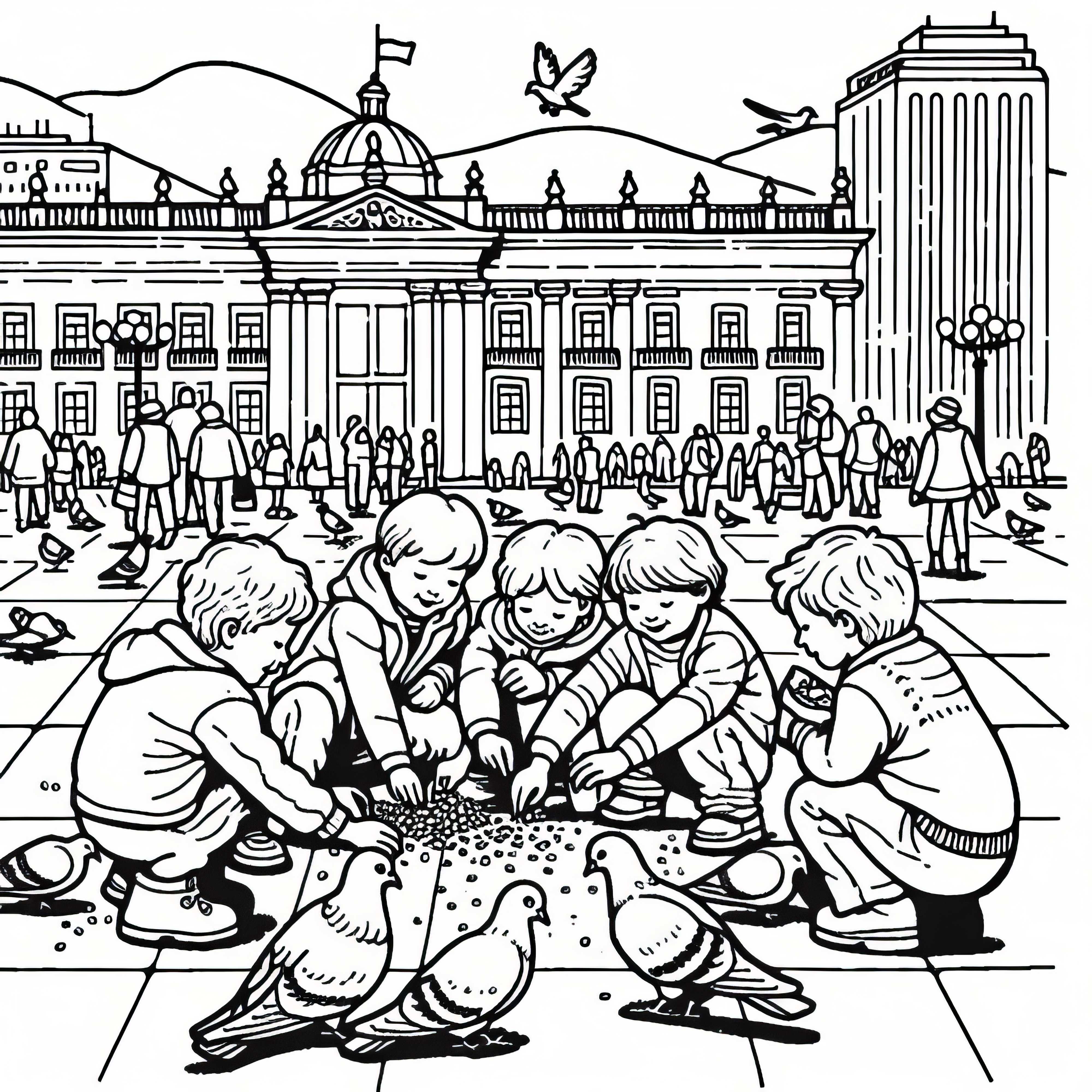 Bezmaksas krāsojamā lapa: Bērni baro baložus Plaza Bolívar, Bogotá