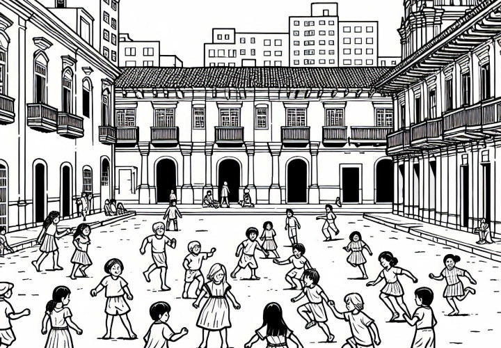 Lima: Kinder spielen Fangen auf Platz mit Kolonialgebäuden – Malvorlage kostenlos Lima: Kinder spielen Fangen auf Platz mit Kolonialgebäuden – Malvorlage kostenlos