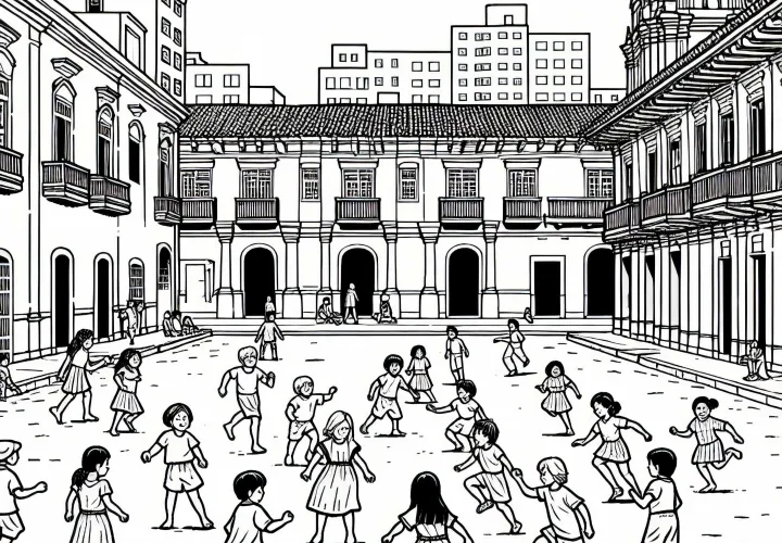 Lima: Anak-anak bermain kejar-kejar di lapangan dengan bangunan kolonial - Contoh gambar gratis