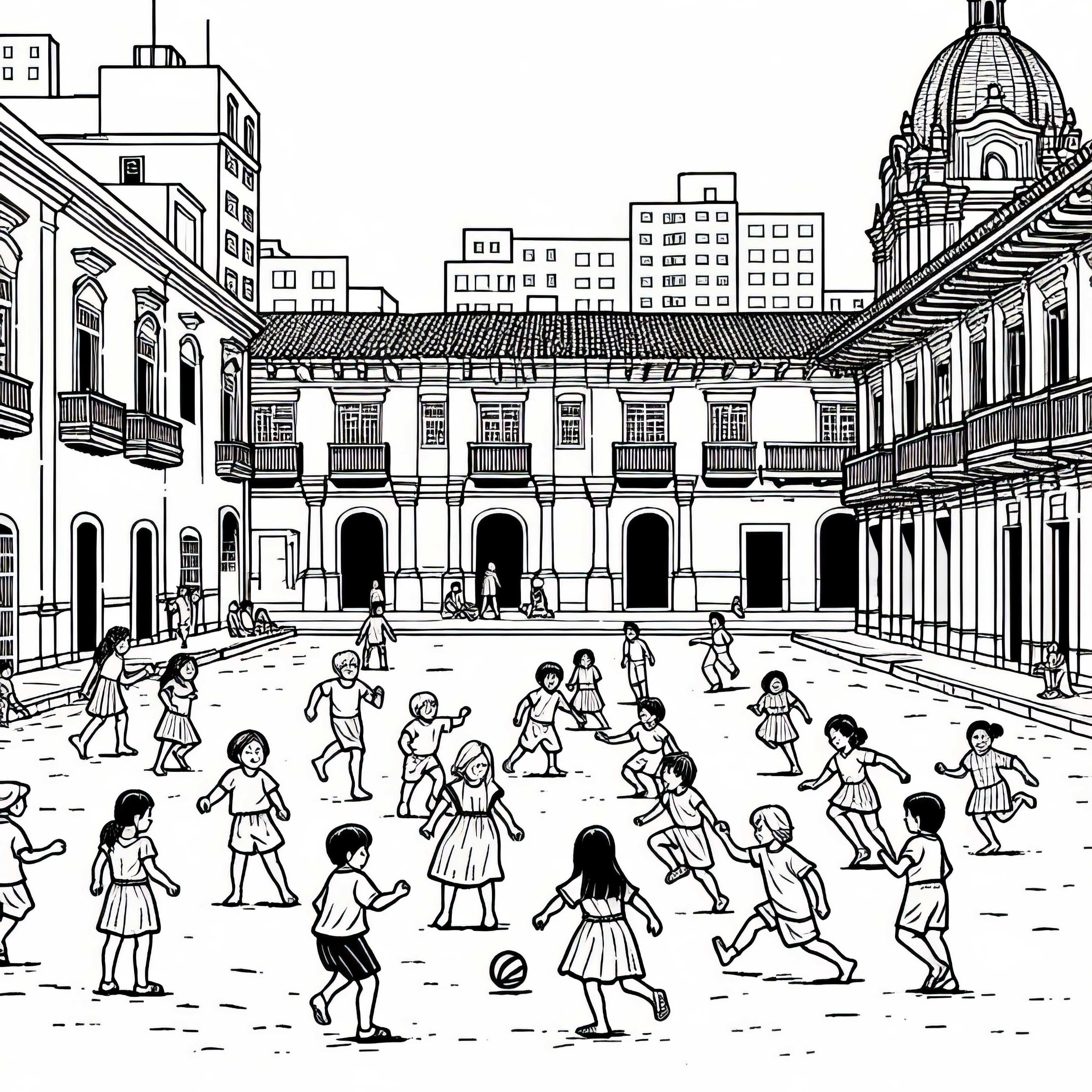 Lima: Kinder spielen Fangen auf Platz mit Kolonialgebäuden – Malvorlage kostenlos