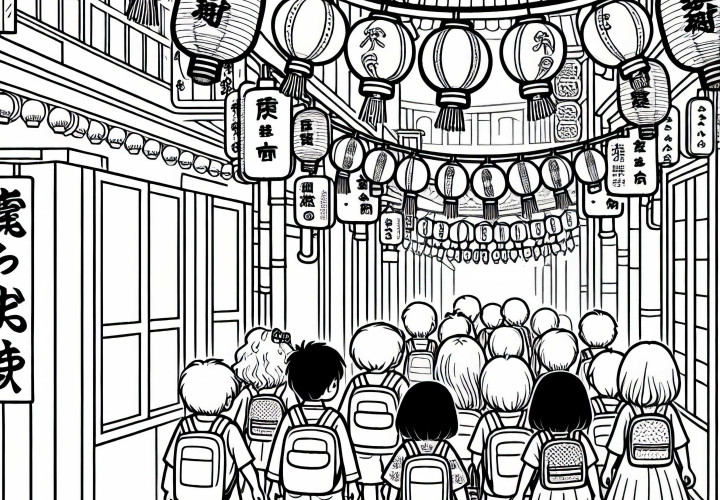 Tokio: Kinder laufen durch kleine Gasse mit Laternen - Ausmalbild Tokio: Kinder laufen durch kleine Gasse mit Laternen - Ausmalbild