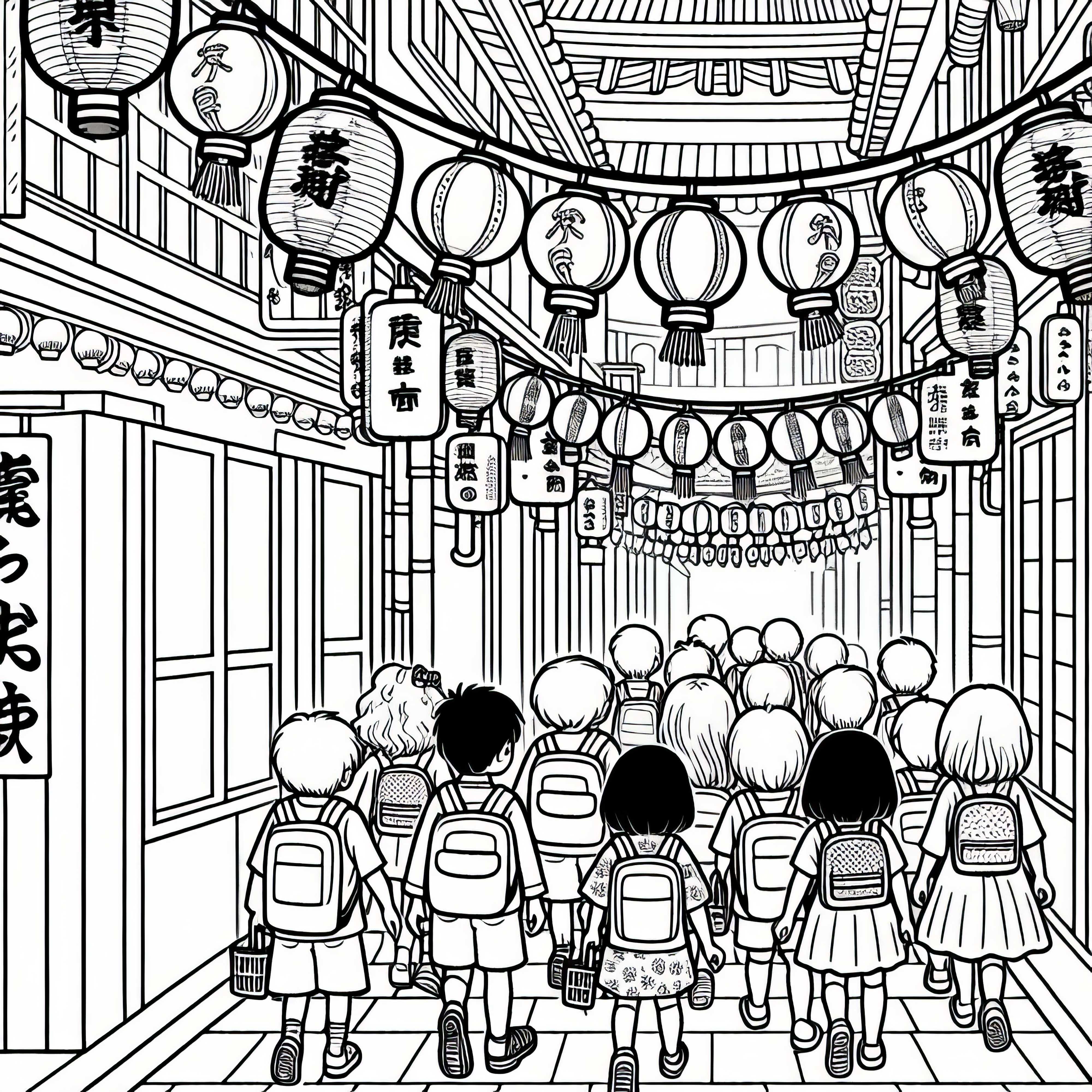 Tokio: Kinder laufen durch kleine Gasse mit Laternen - Ausmalbild Tokio: Kinder laufen durch kleine Gasse mit Laternen - Ausmalbild