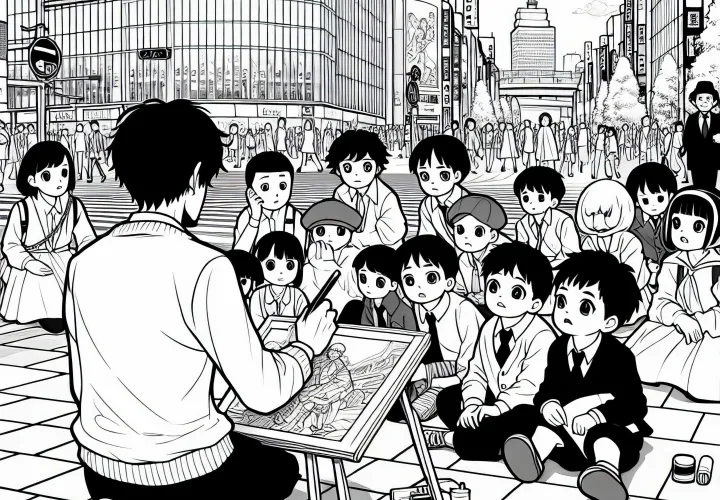 Penggambar manga Tokyo duduk di tepi jalan, anak-anak melihat dengan penasaran - Gambar untuk diwarnai gratis