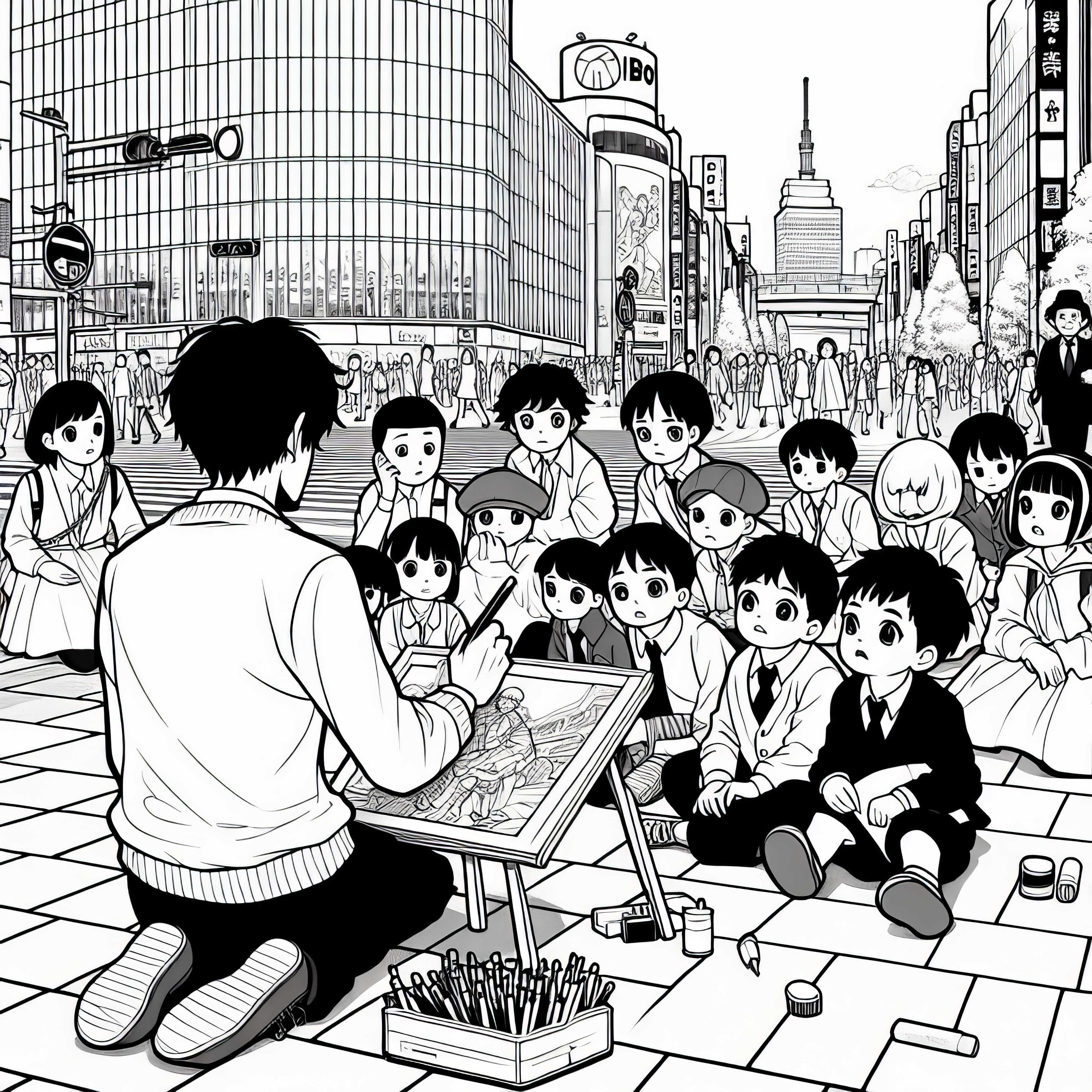 Tokio Manga Zeichner sitzt am Straßenrand, Kinder schauen neugierig zu – Ausmalbild gratis Tokio Manga Zeichner sitzt am Straßenrand, Kinder schauen neugierig zu – Ausmalbild gratis