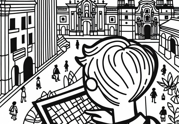 Lima: Junge erkundet Stadt mit einem Stadtplan in der Hand – Malvorlage kostenlos Lima: Junge erkundet Stadt mit einem Stadtplan in der Hand – Malvorlage kostenlos