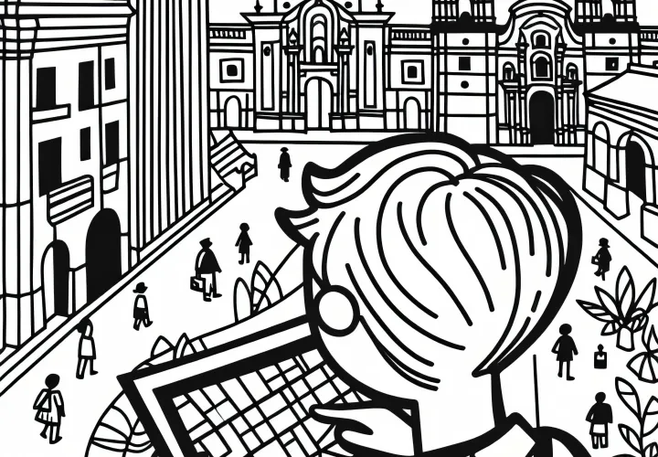 Lima: Anak lelaki menjelajahi kota dengan peta di tangan - Template mewarnai gratis