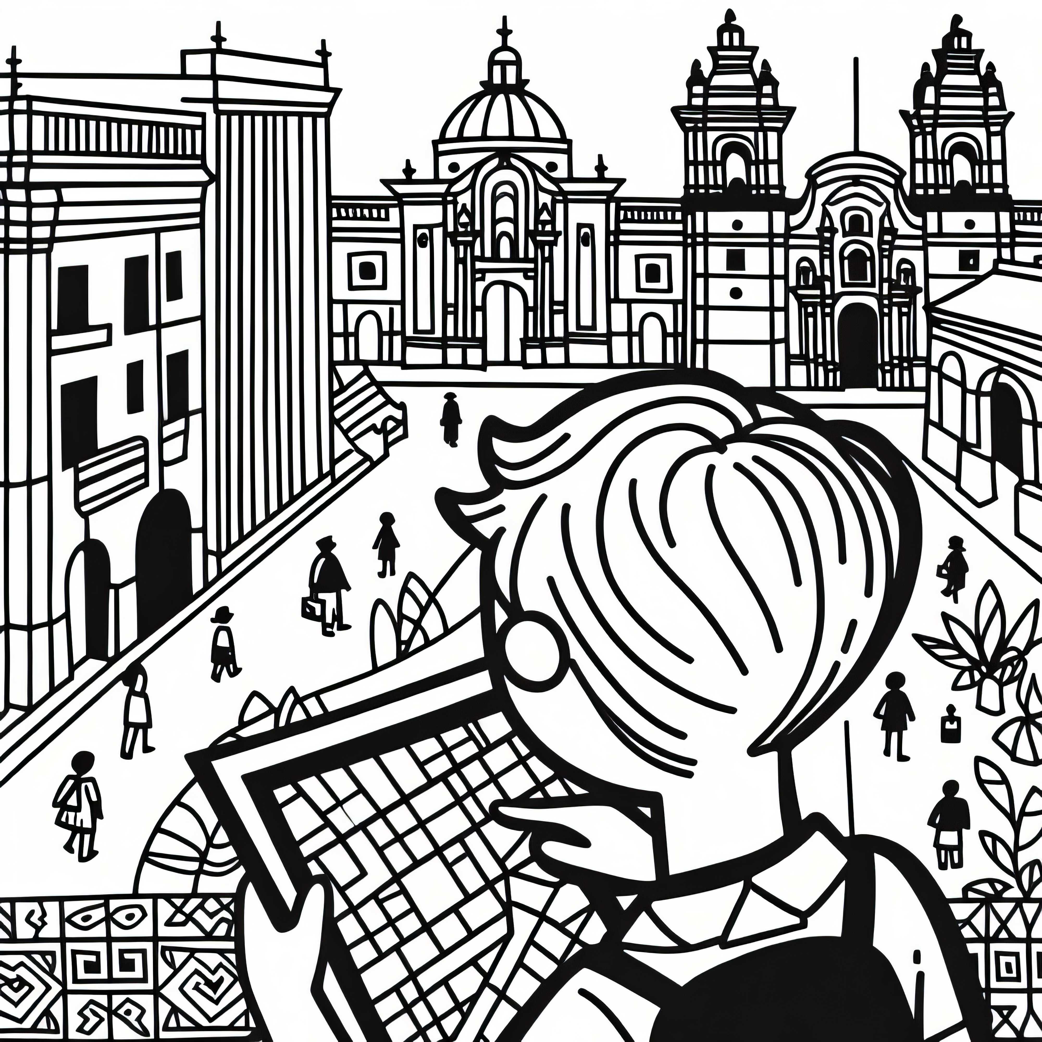 Lima: Junge erkundet Stadt mit einem Stadtplan in der Hand – Malvorlage kostenlos