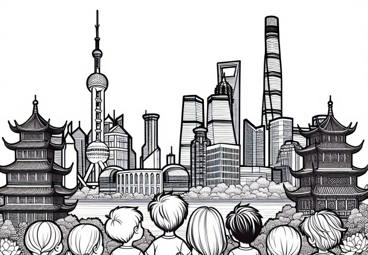 Shanghai: Moderne Hochhäuser und alte Tempel - Ausmalbild kostenlos Shanghai: Moderne Hochhäuser und alte Tempel - Ausmalbild kostenlos