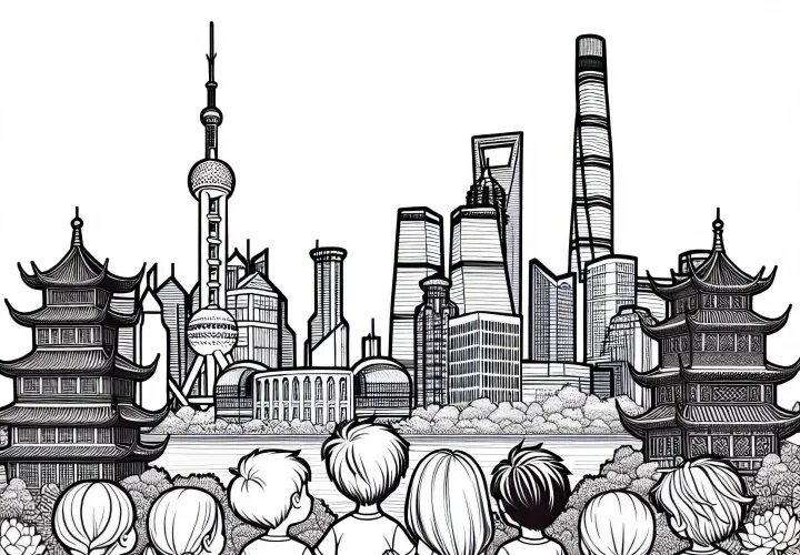 Shanghai: Gedung-gedung modern dan kuil-kuil tua - Gambar mewarnai gratis