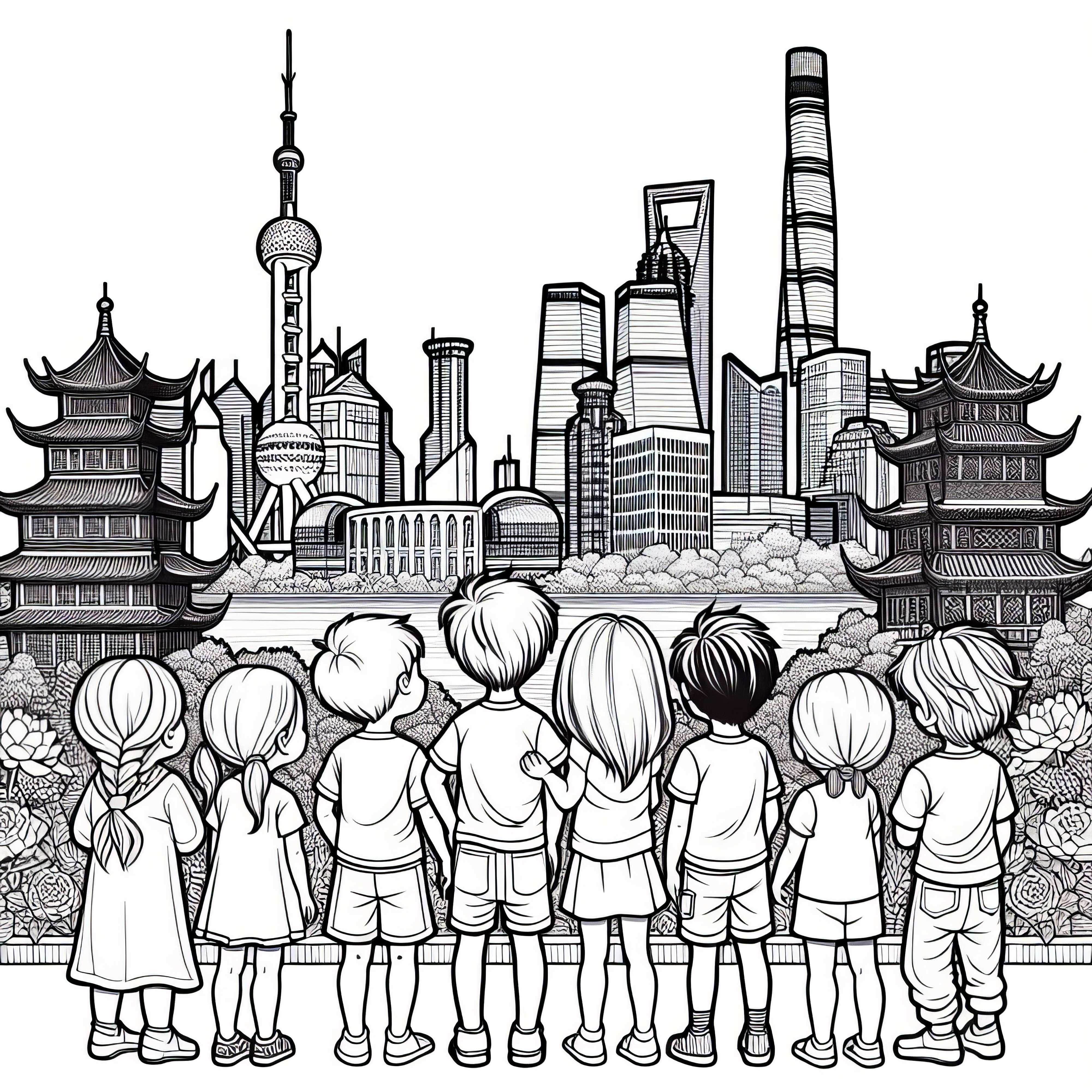 Shanghai: Moderne Hochhäuser und alte Tempel - Ausmalbild kostenlos