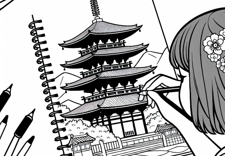 Kyoto girl draws pagoda in sketchbook - free coloring page