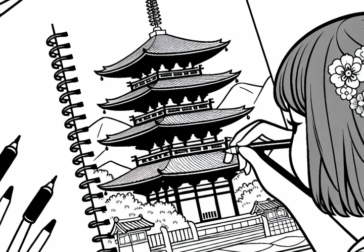 Gadis Kyoto menggambar pagoda di buku sketsa - Gambar untuk diwarnai gratis
