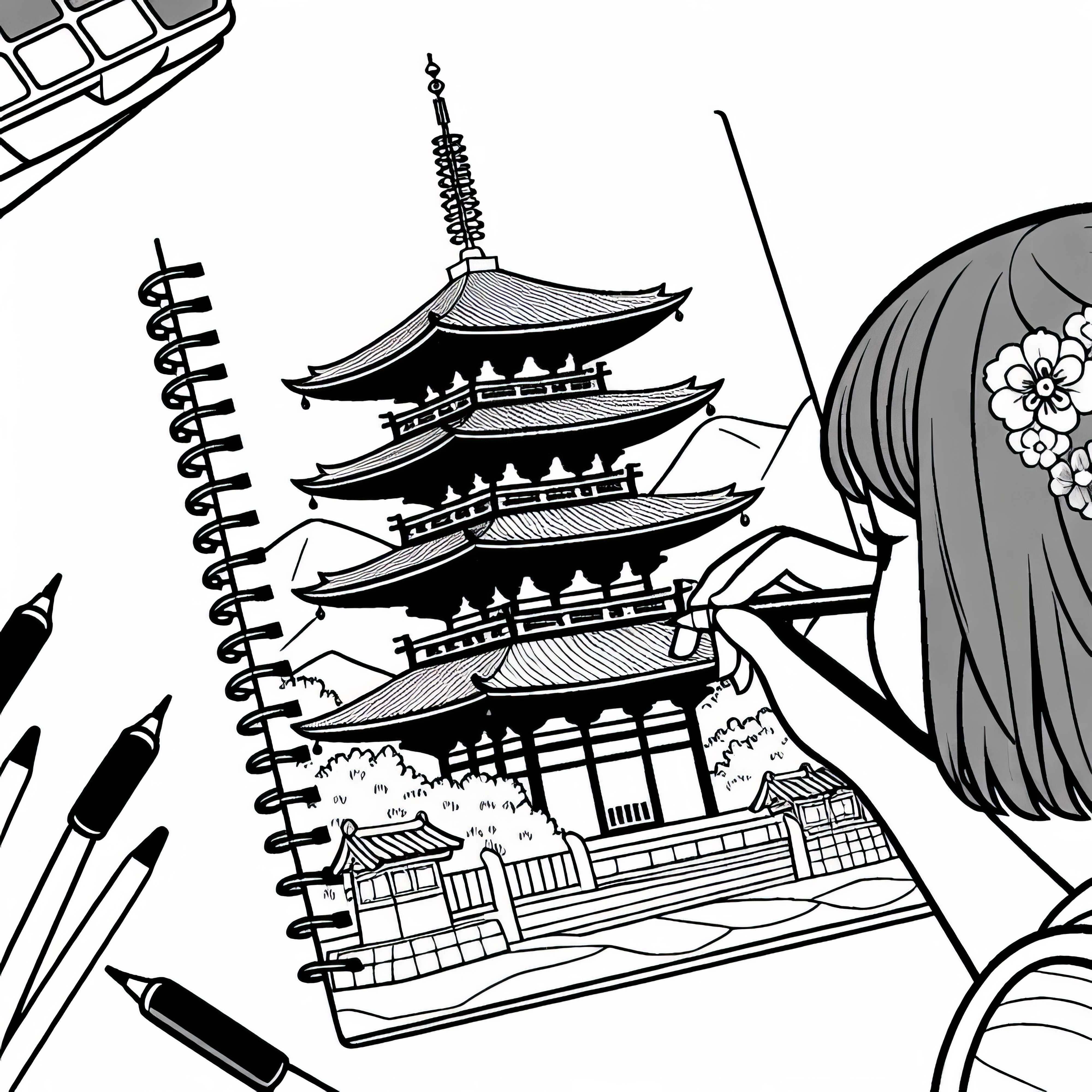 Kyoto girl draws pagoda in sketchbook - free coloring page