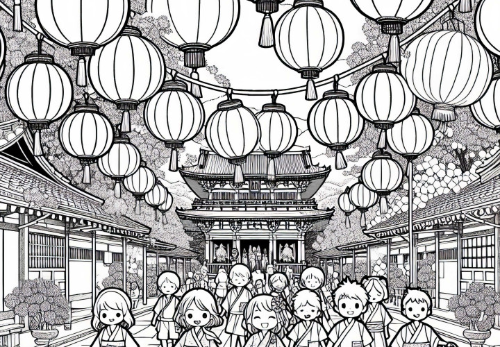 Kyoto: Kinder spazieren durch den Tempelgarten mit Papierlampen – Malvorlage gratis Kyoto: Kinder spazieren durch den Tempelgarten mit Papierlampen – Malvorlage gratis
