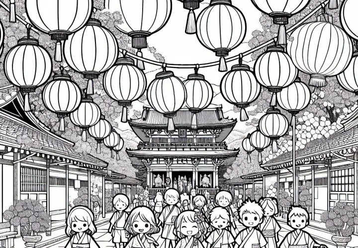 Kyoto: Anak-anak berjalan-jalan di taman kuil dengan lampion kertas – Template mewarnai gratis