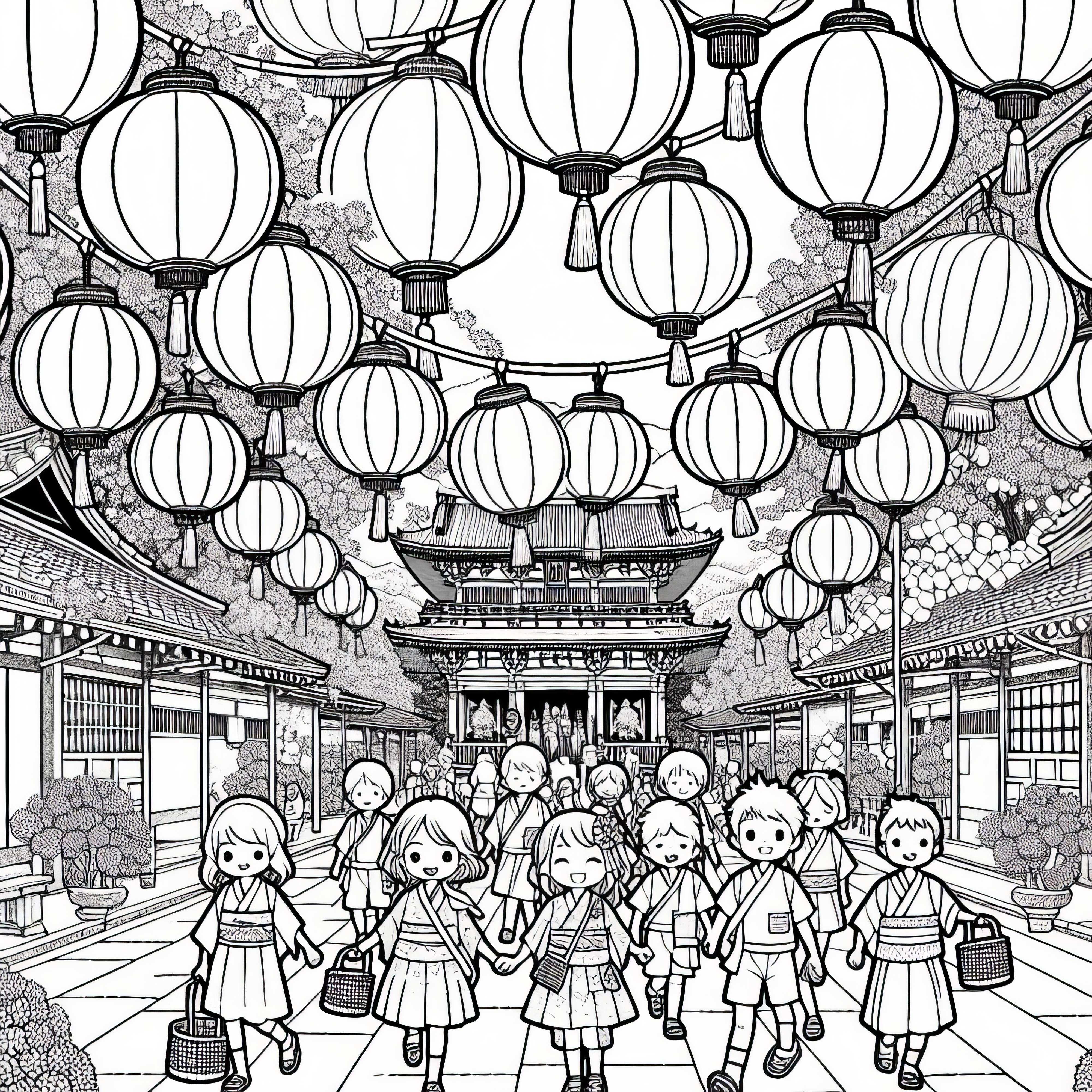 Kyoto: Kinder spazieren durch den Tempelgarten mit Papierlampen – Malvorlage gratis