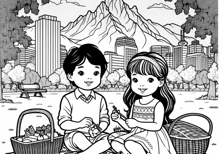 Santiago de Chile: Kinder picknicken im Stadtpark mit Blick auf die Anden – Ausmalbild kostenlos Santiago de Chile: Kinder picknicken im Stadtpark mit Blick auf die Anden – Ausmalbild kostenlos