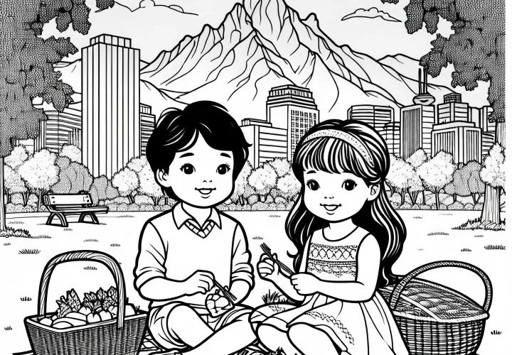 Santiago de Chile: Anak-anak piknik di taman kota dengan pemandangan pegunungan Andes – Gambar untuk diwarnai gratis