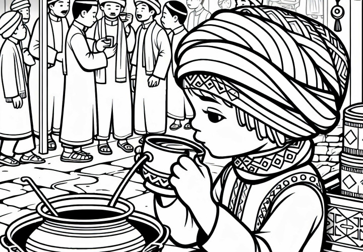 Shanghai Kind trinkt Tee auf Straßenfest – Ausmalbild kostenlos Shanghai Kind trinkt Tee auf Straßenfest – Ausmalbild kostenlos