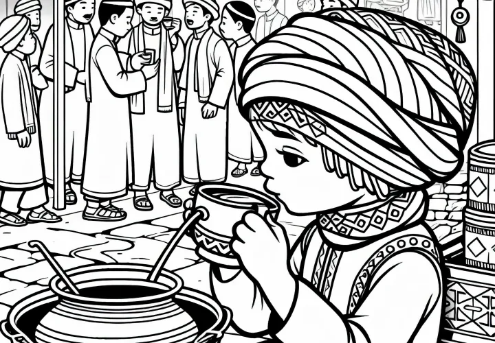 Anak Shanghai minum teh di festival jalanan - Gambar untuk diwarnai gratis