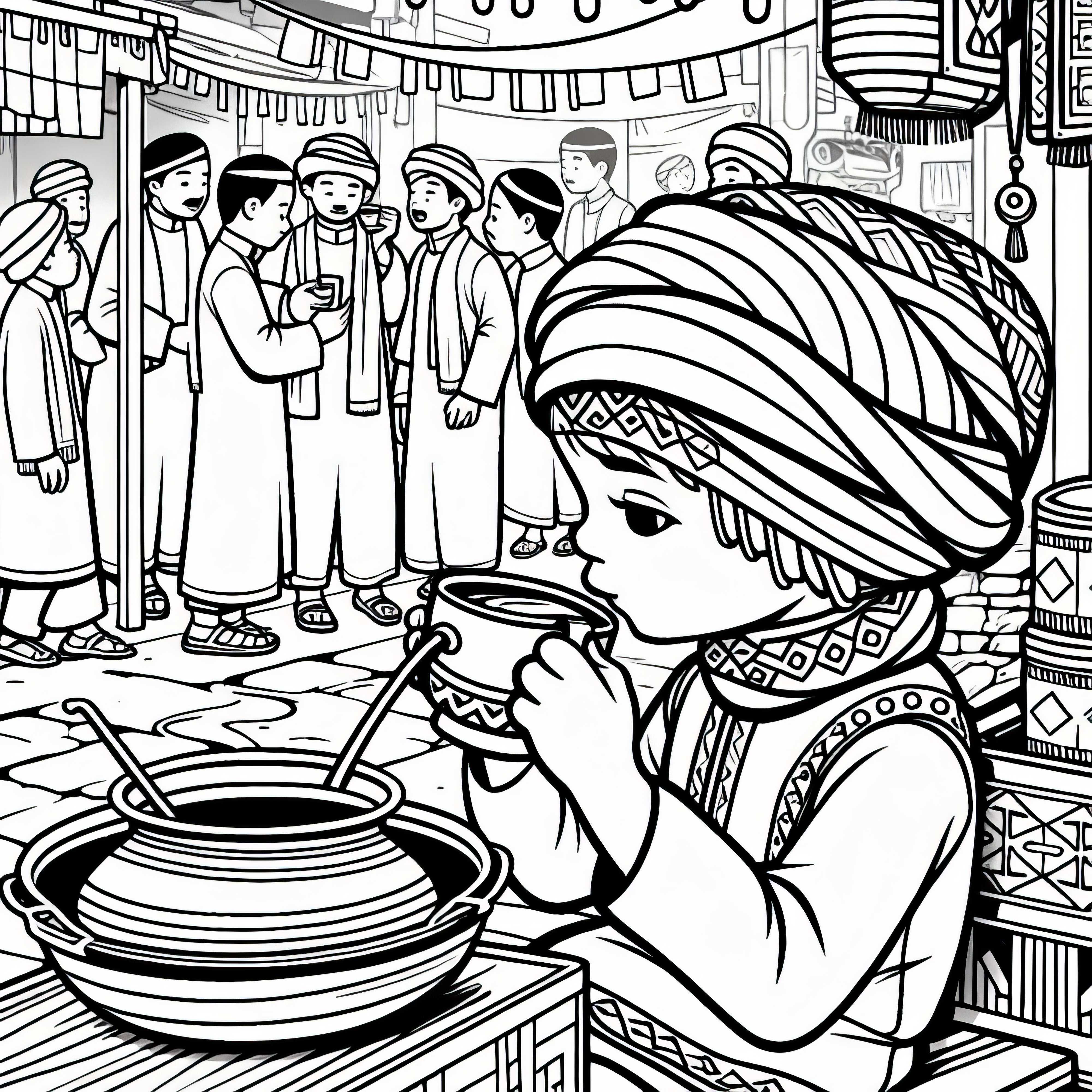 Shanghai Kind trinkt Tee auf Straßenfest – Ausmalbild kostenlos