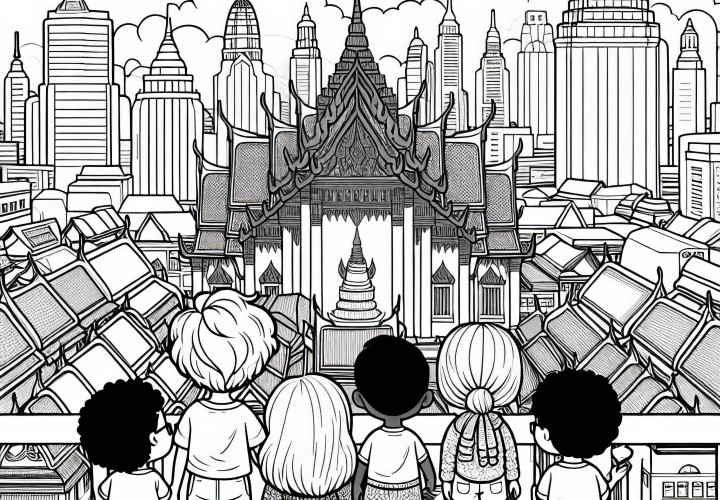 Bangkok: Kinder schauen auf goldene Dächer eines Tempels – Malvorlage gratis Bangkok: Kinder schauen auf goldene Dächer eines Tempels – Malvorlage gratis