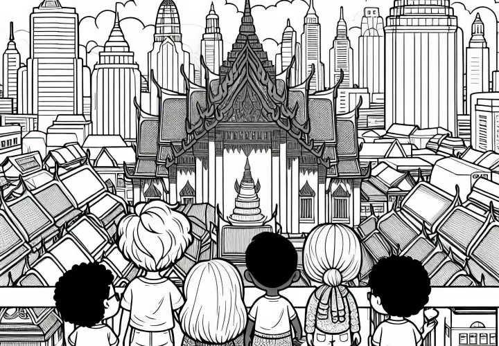 Bangkok: Anak-anak melihat atap-atap emas sebuah kuil – Template mewarnai gratis