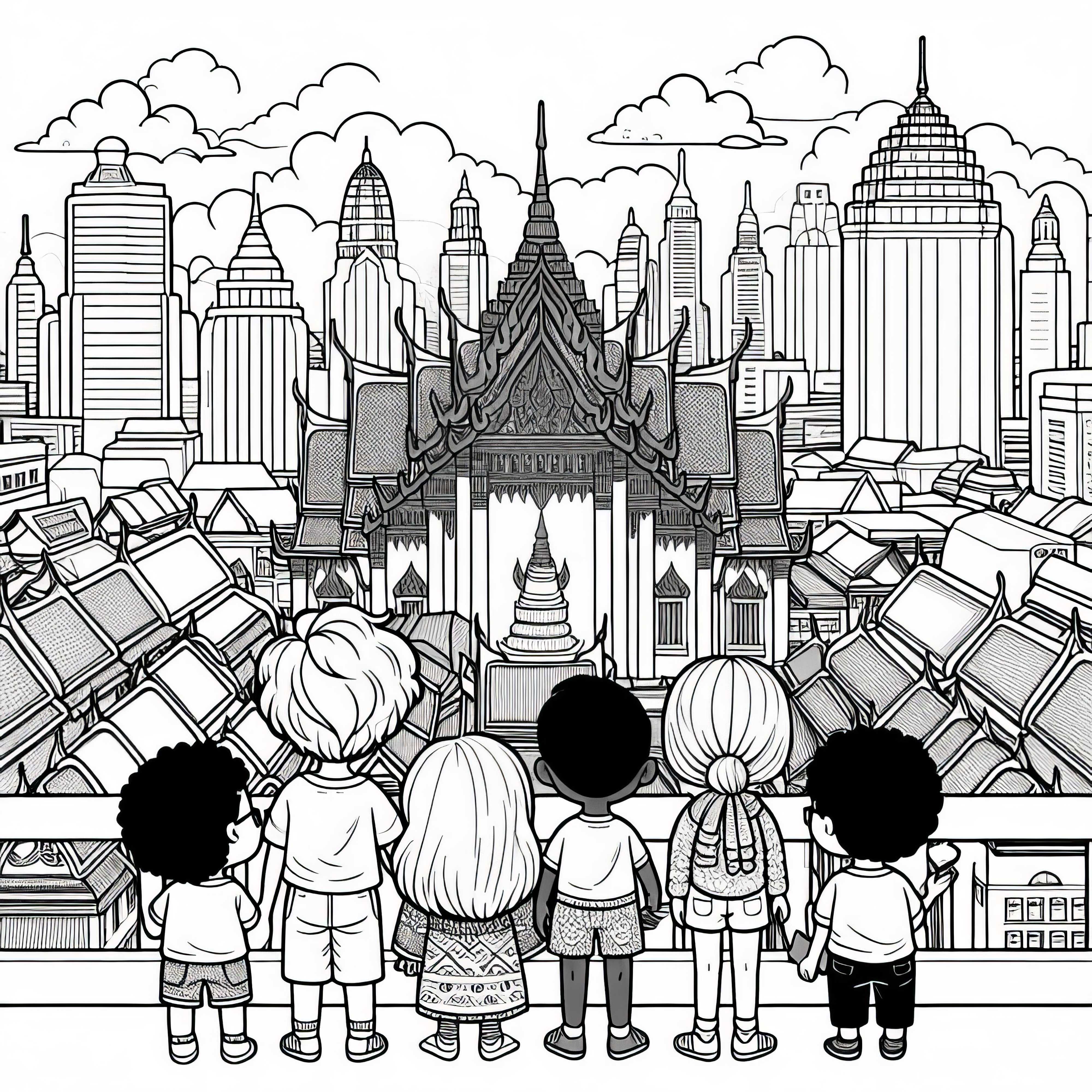 Bangkok: Kinder schauen auf goldene Dächer eines Tempels – Malvorlage gratis