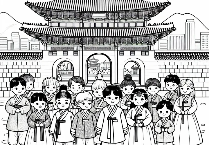 Seoul: Anak-anak mengenakan pakaian tradisional dan berdiri di depan sebuah istana - Gambar untuk diwarnai gratis
