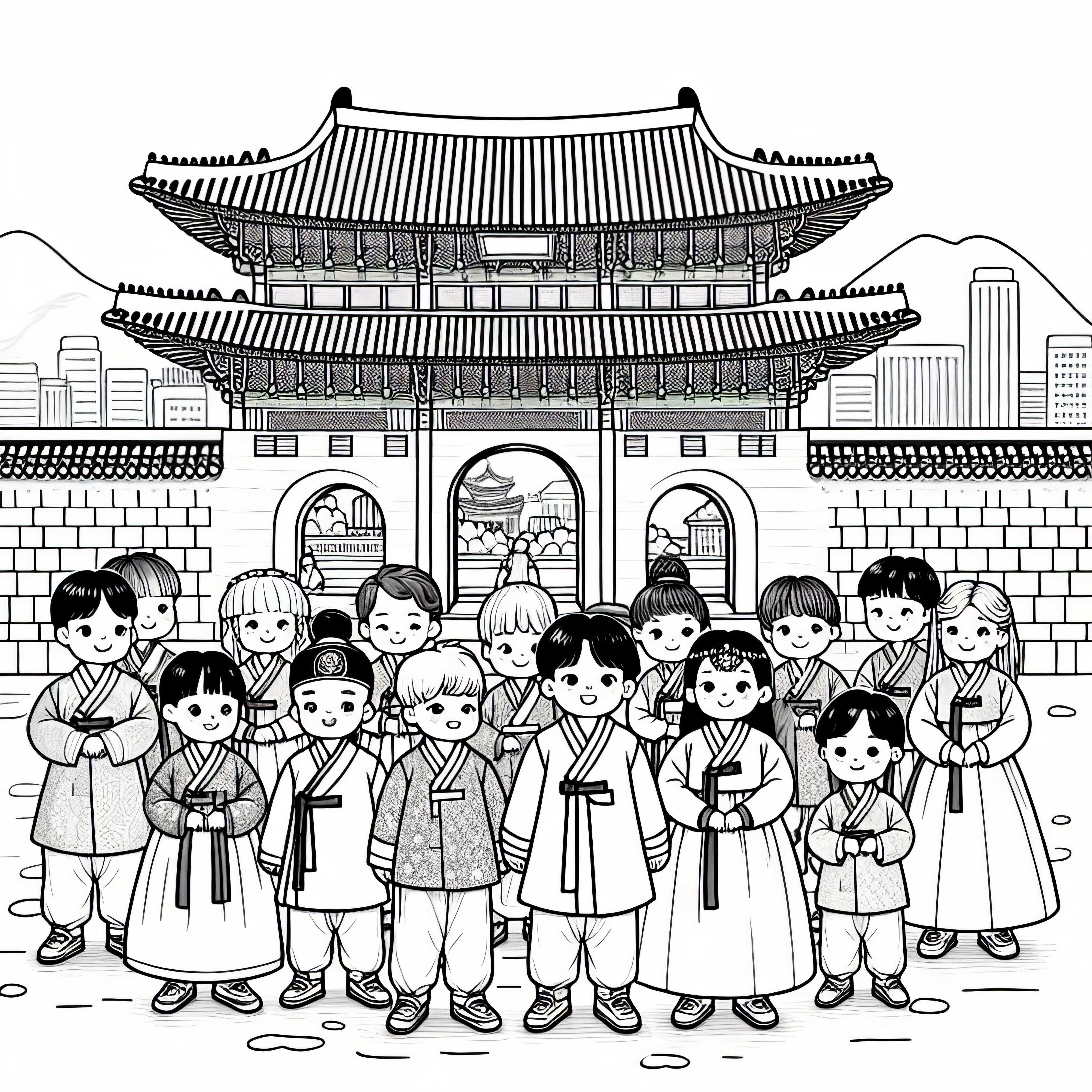 Seoul: Kinder tragen traditionelle Kleidung und stehen vor einem Palast – Ausmalbild gratis