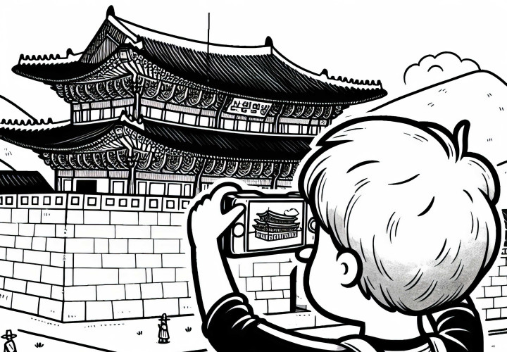 Junge macht Foto vom Gyeongbokgung-Palast – Ausmalbild gratis Junge macht Foto vom Gyeongbokgung-Palast – Ausmalbild gratis