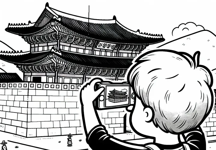 Anak laki-laki memotret Istana Gyeongbokgung - Gambar mewarnai gratis