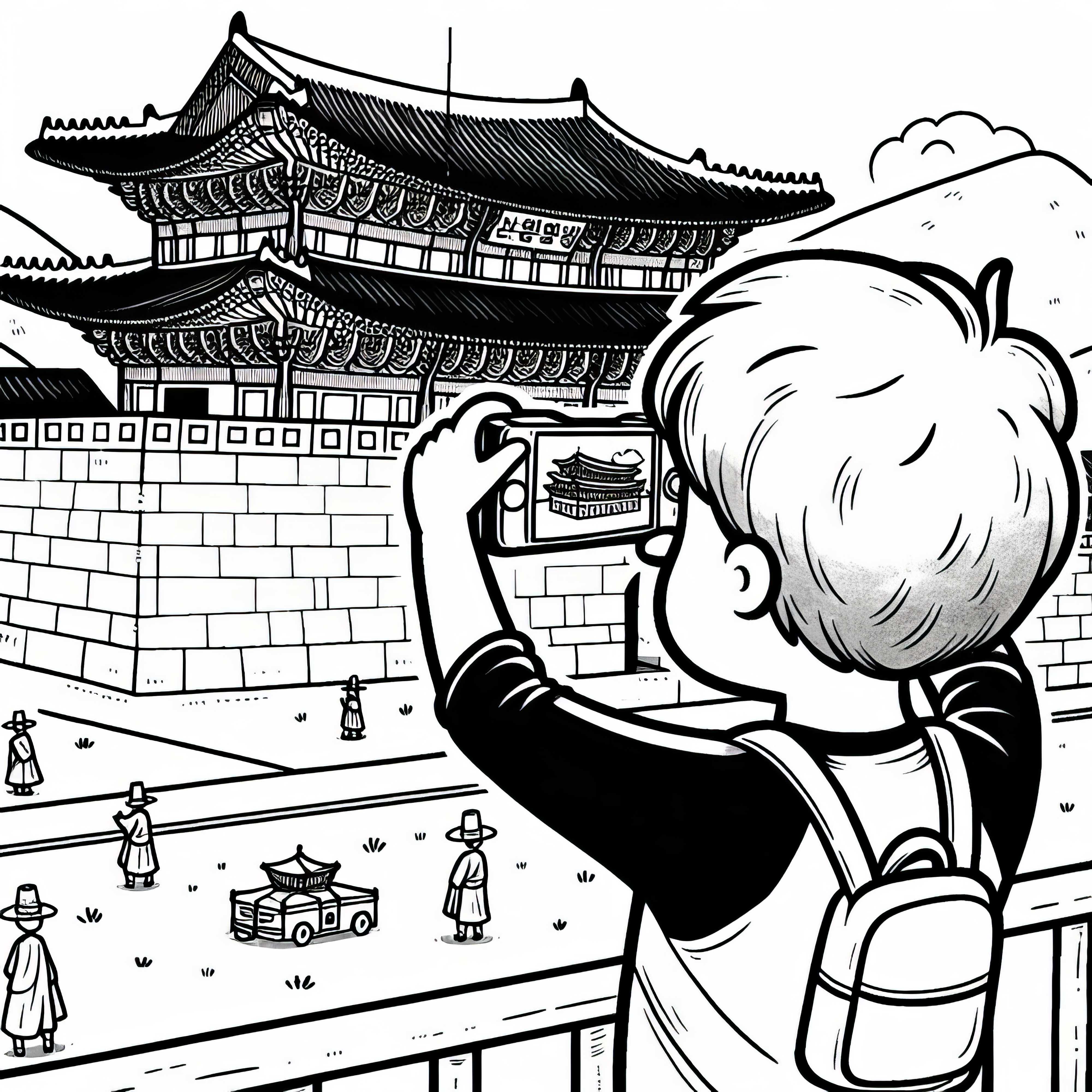 Junge macht Foto vom Gyeongbokgung-Palast – Ausmalbild gratis